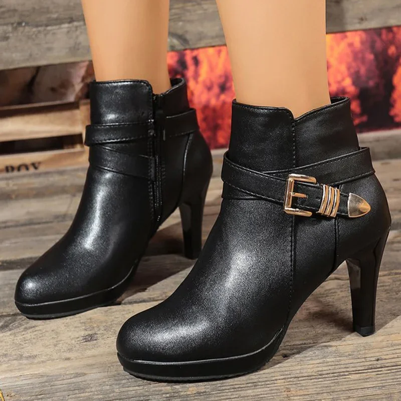 

Fashion Pointed Toe Ankle Boots Women Autumn Winter Black Super High Heel Boots for Woman Buckle Detor Zipper Up Booties Ladies