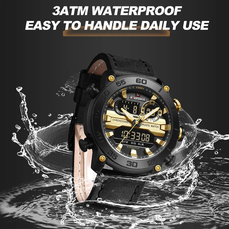 NAVIFORCE Brand Men Dual Display Watch Luminous LCD Digital Watch Luxury Leather Mens Multifunctional Watches Relogio Masculin