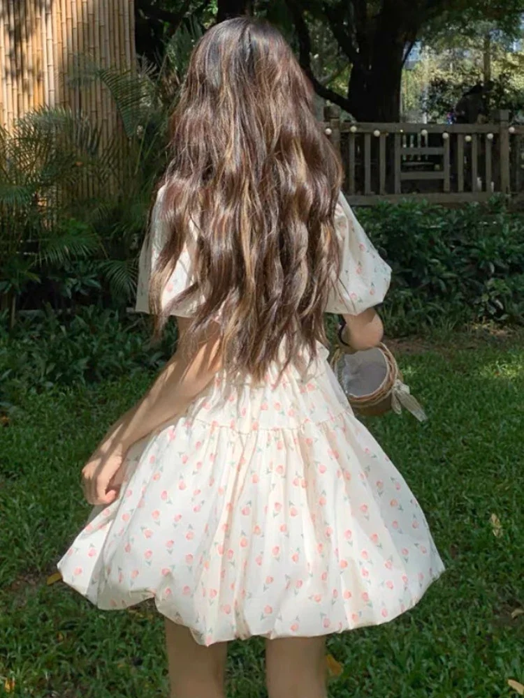 Robe florale taille haute à manches bouffantes pour femmes, vêtements éducatifs décontractés, esthétique vintage, robe de princesse A-Line française, Kawaii, doux, été