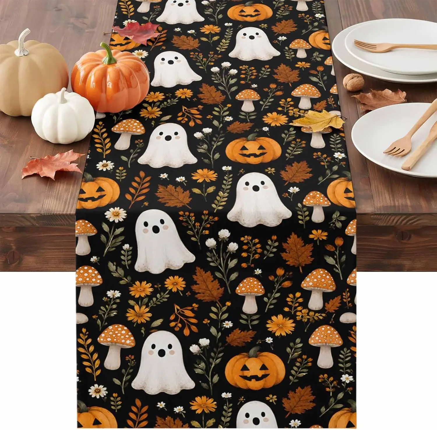 Halloween Cute Ghosts Pumpkins Maple Leaves Mushrooms Linen Table Runner Home Decor Kitchen Dining Table Runners Halloween Decor