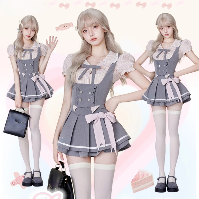 Japanese Kawaii Lolita Style Skirt Set Women Preppy Style Puff Sleeve Striped Shirt Vest Mini Pleated Skirts Suit Sweet Uniform