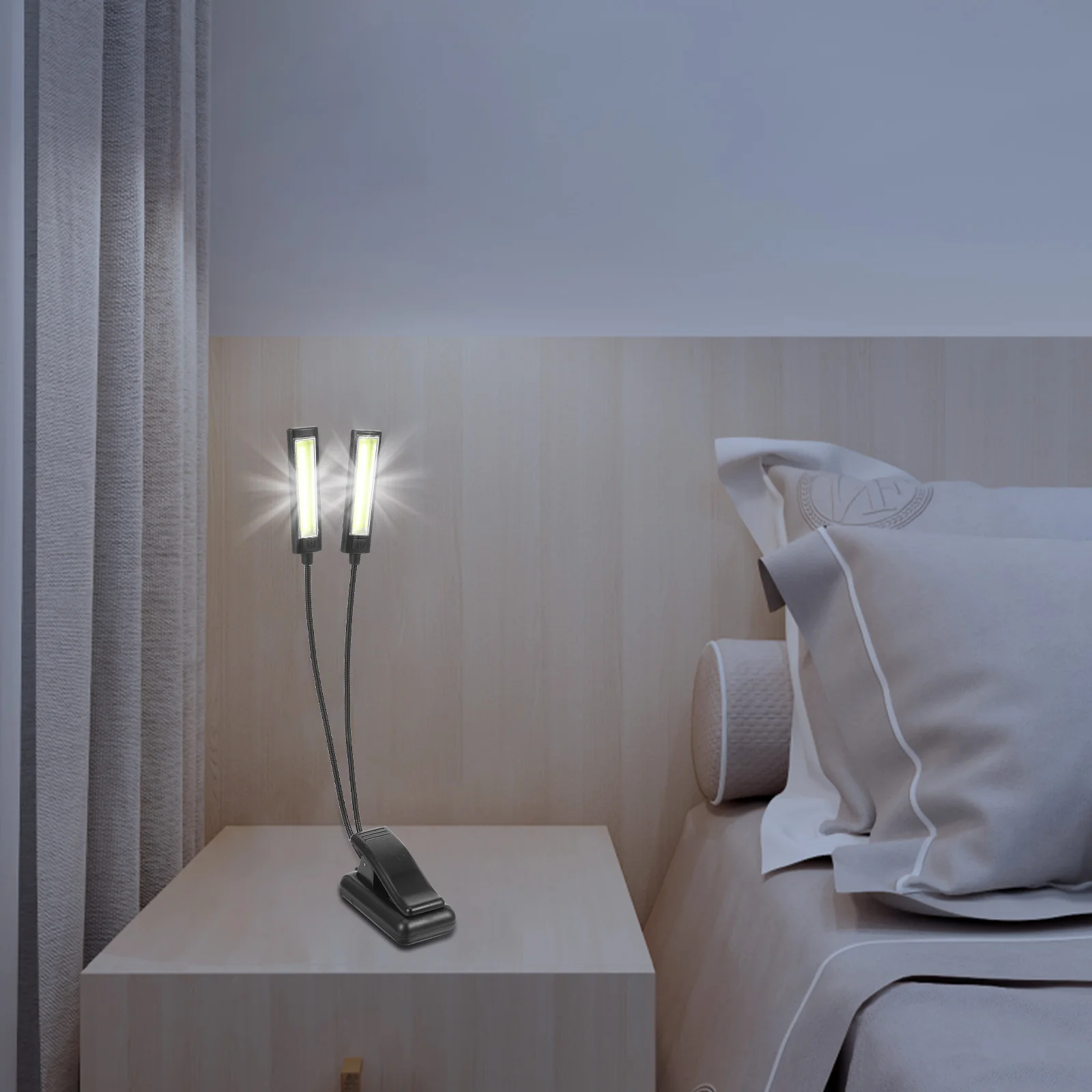 

Dual Heads Clip-on Lamp Flexible Gooseneck Reading Bedside Table Dormitory LED Light 3 Brightness Levels USB Soft Non