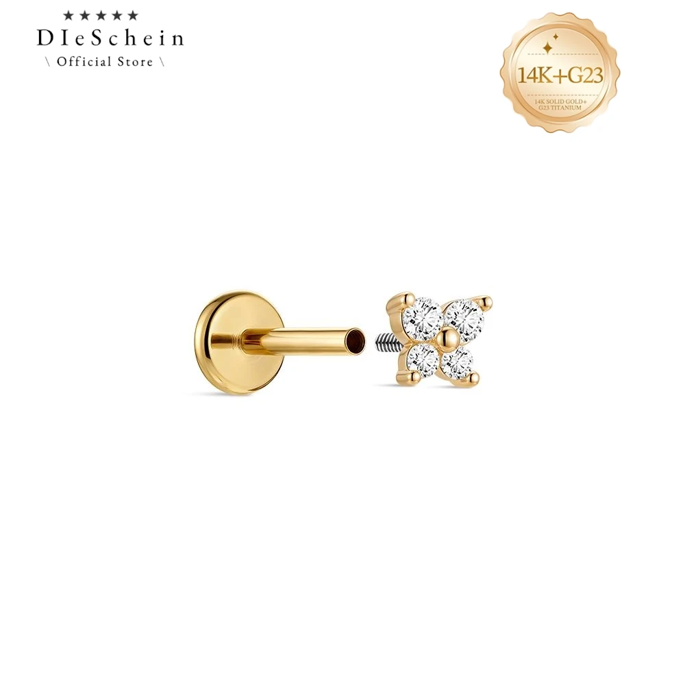 

DIeSchein 14K Solid Gold Stud Earring Internal Thread Labret Piercing Jewelry Clear CZ Tiny Earring For Women Ear Piercing