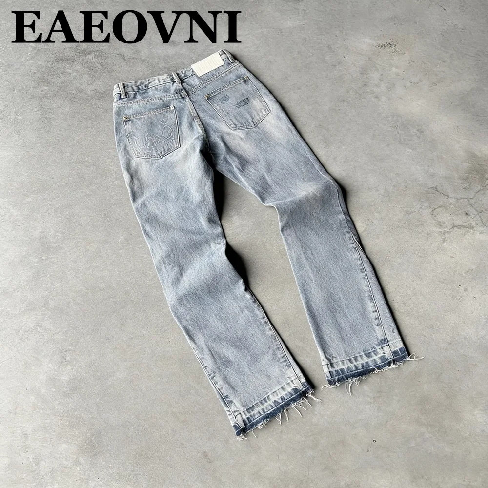 Casual Gothic Fringed Micro Flared Pants Hip Hop Straight Leg Pants Y2K Vintage Slim Fit Washed Jeans Trendy Harajuku Men Women