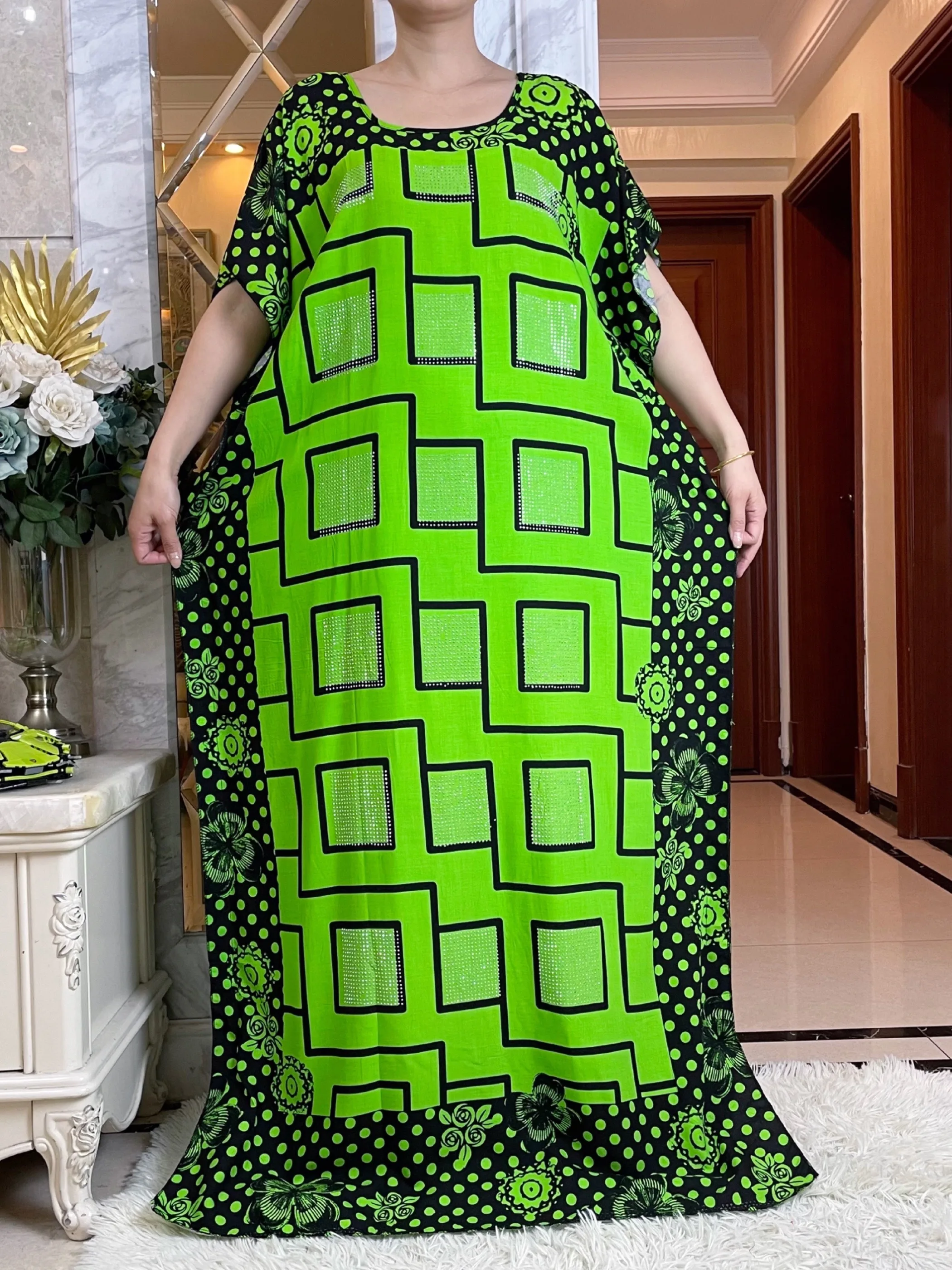 New Summer African Short Sleeve Cotton Dress With Big Scarf Loose Printing Floral Boubou Maxi Islam Women Diamonds Abaya Clothes