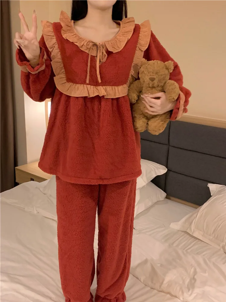 

New Soft Warm Casua Loose Winter Hairy Solid Long Sleeve Pajama Set Women Cotton Simple Thicken Sweet Princess Sleepwear Cute