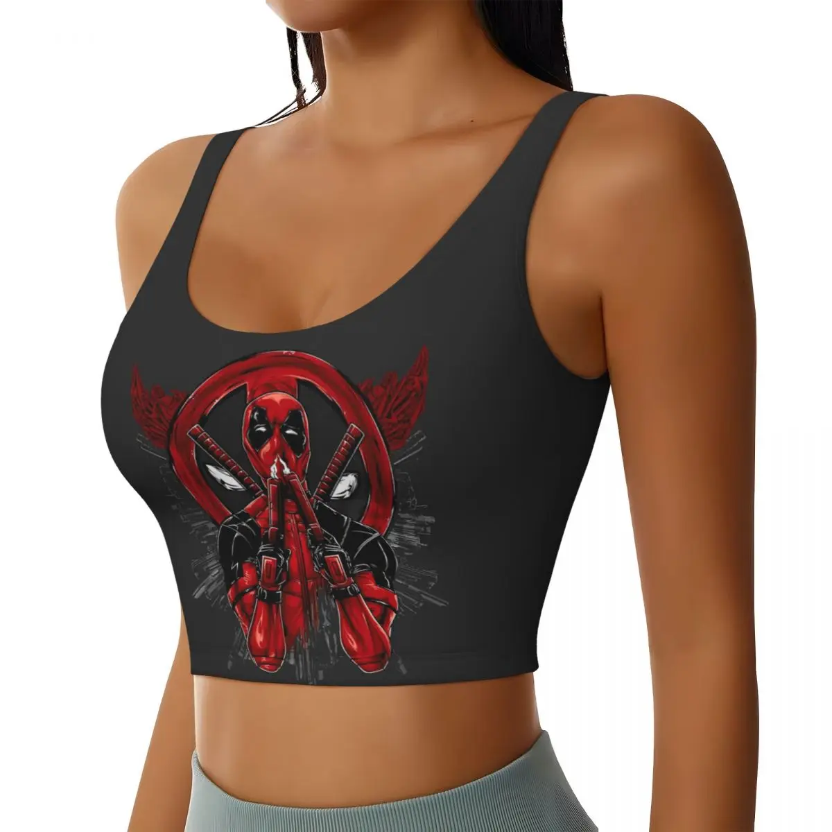 Custom Women Deadpool Superhero Sports Bras High Impact Gym Workout Yoga Crop Tank Tops