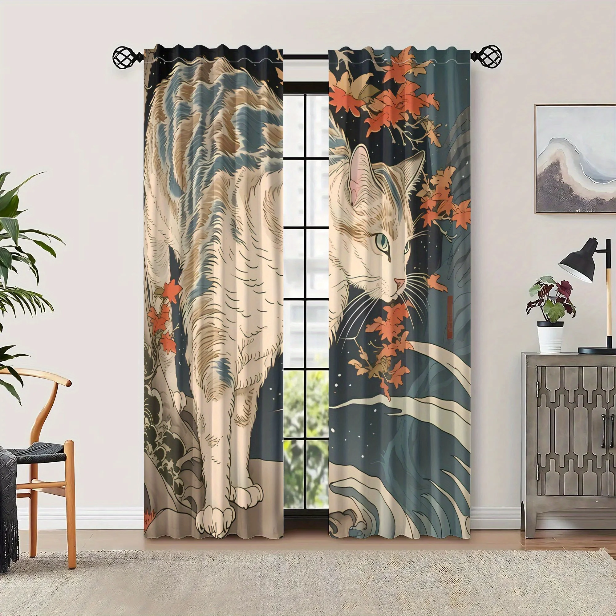 2pcs Flying Bulldog Art Curtain - Japanese-Inspired Cat & Autumn Leaves Design in Teal, Dark Background, Light Blocking Windo