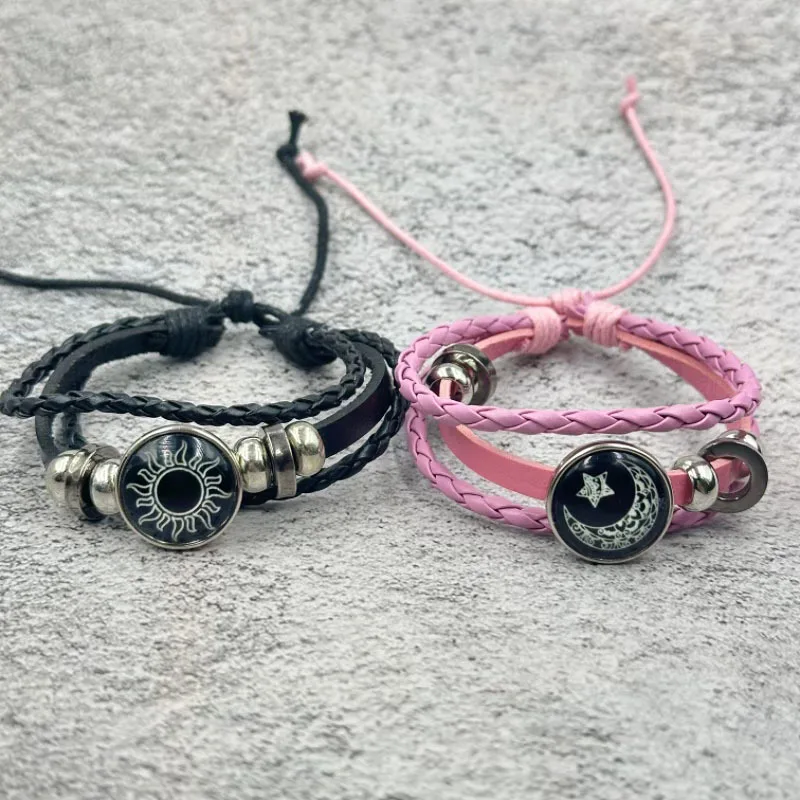 Glow in Dark Sun Moon Bracelet Unisex Couple Braided Leather Beaded Romantic Retro Handmade