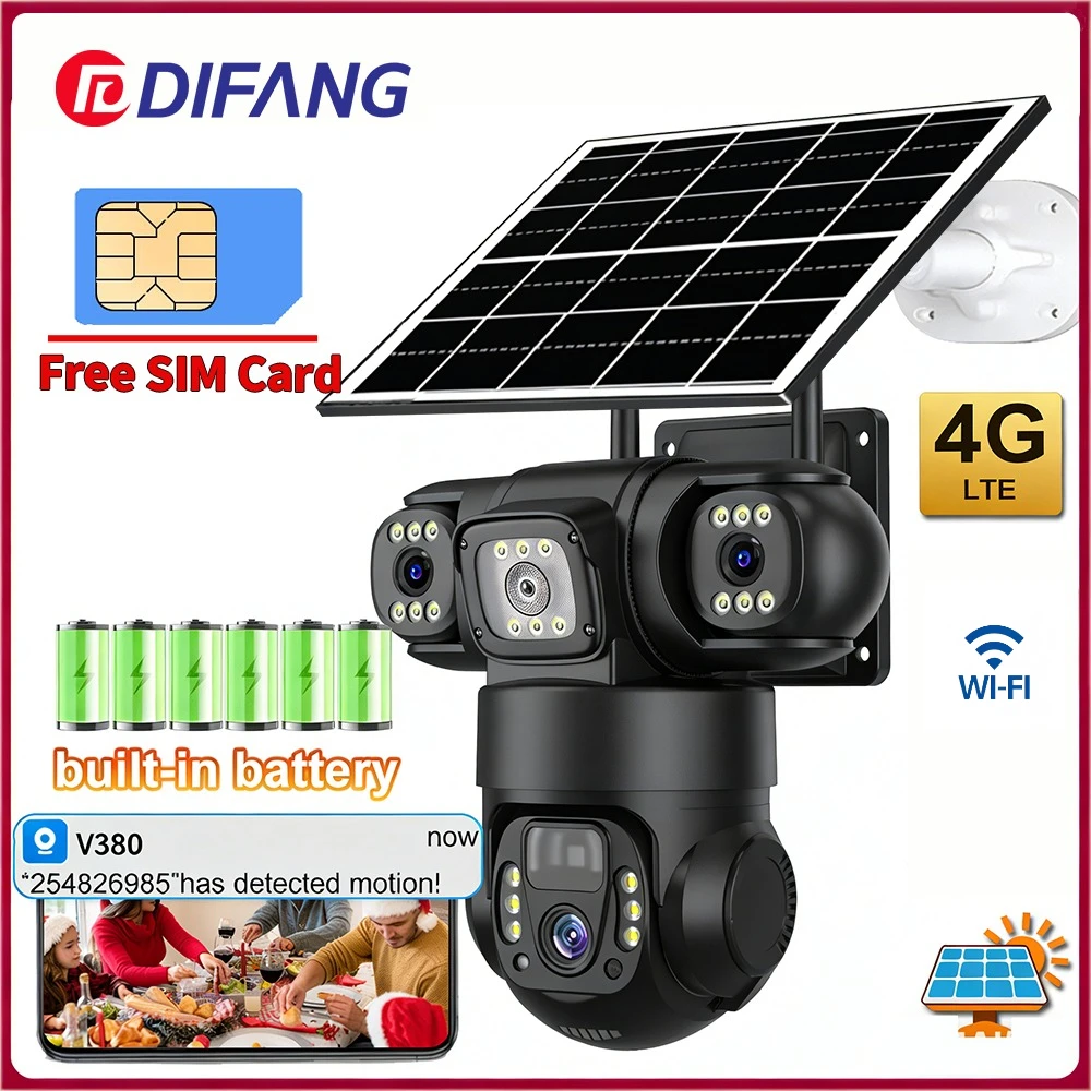V380 Pro Wireless Solar Security Camera Three Screen Three Lens 6K 4G Sim Card Solar CCTV 4G V380 Battery Solar IP Cam WiFi