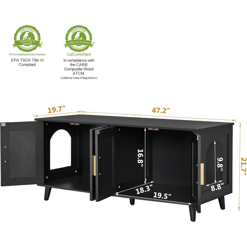 Wooden Double-Door Cat Litter Enclosure for Two Cats with Rattan Accents and Washroom Design