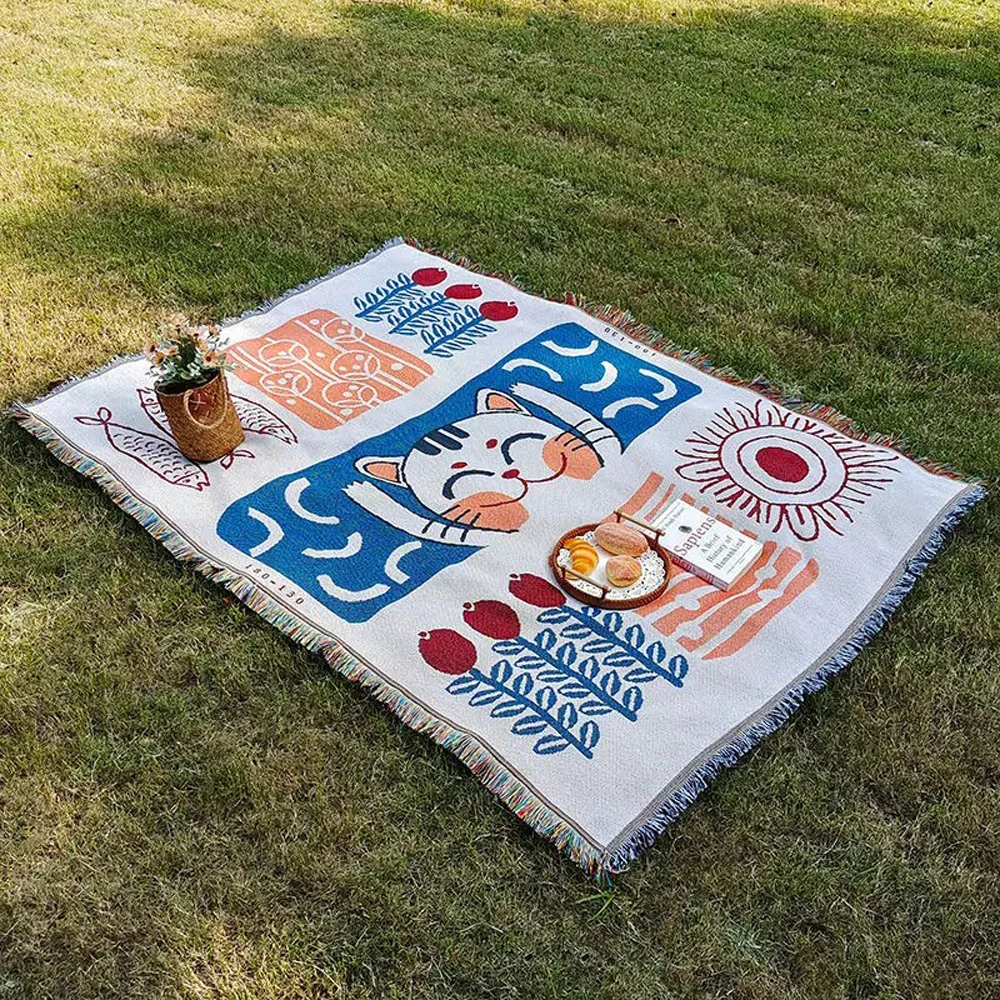 1PC Cat Patterned Camping Blanket, Picnic Mat, Tablecloth, Sofa Towel, Suitable for Outdoor Use on Lawns, Beaches, and Tents