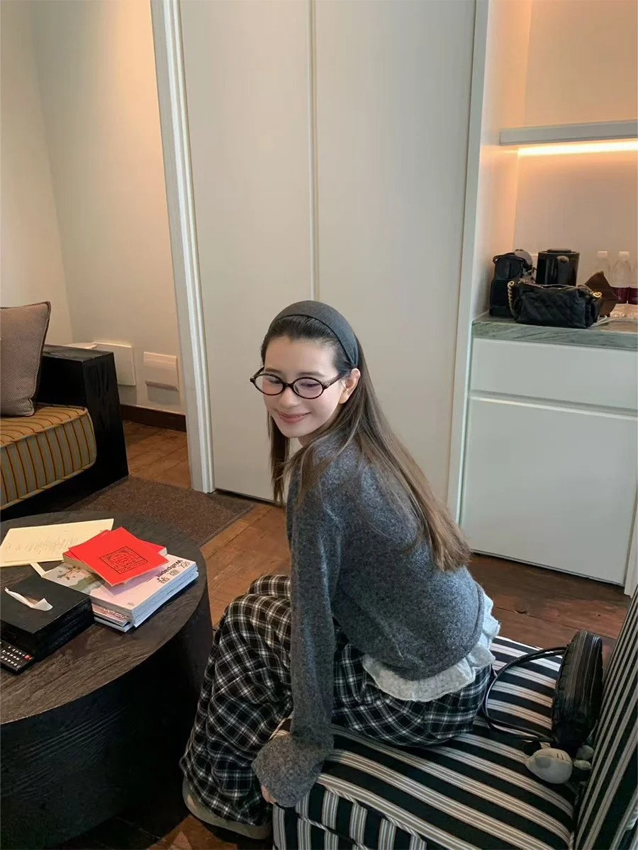 

Cute Splice Lace Knitted Open Cardigan Women's Autumn Winter Slimming Sweater DAZAIGE 2025 New Sle Long Sve round Ne