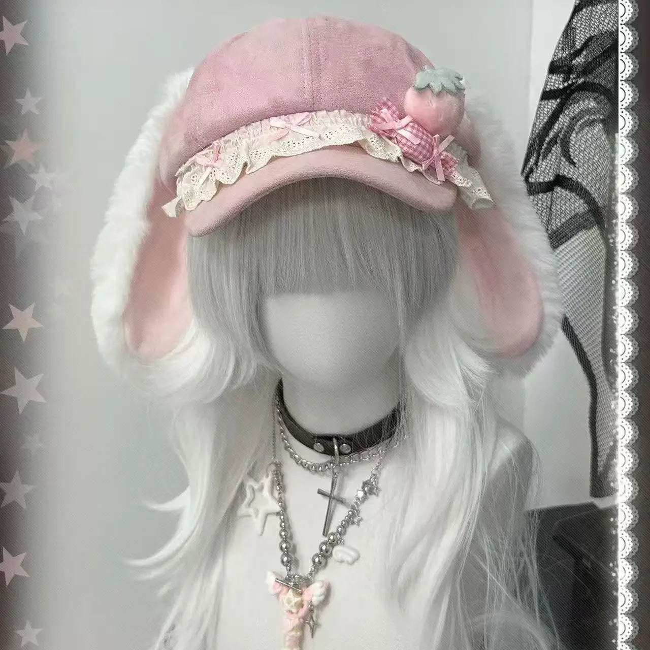 딸기 토끼 귀 하라주쿠 고딕 로리타 베레모 Y2K 펑크 레이스 리본 장식 소녀 귀여운 팔각형 모자