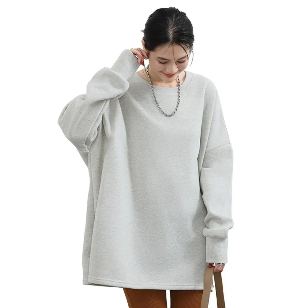 Solid Color Pullover Women Top Cozy Plush-lined Women's Sweatshirt with Slit Hem Elastic Cuffs for Fall Winter Stylish for Wear