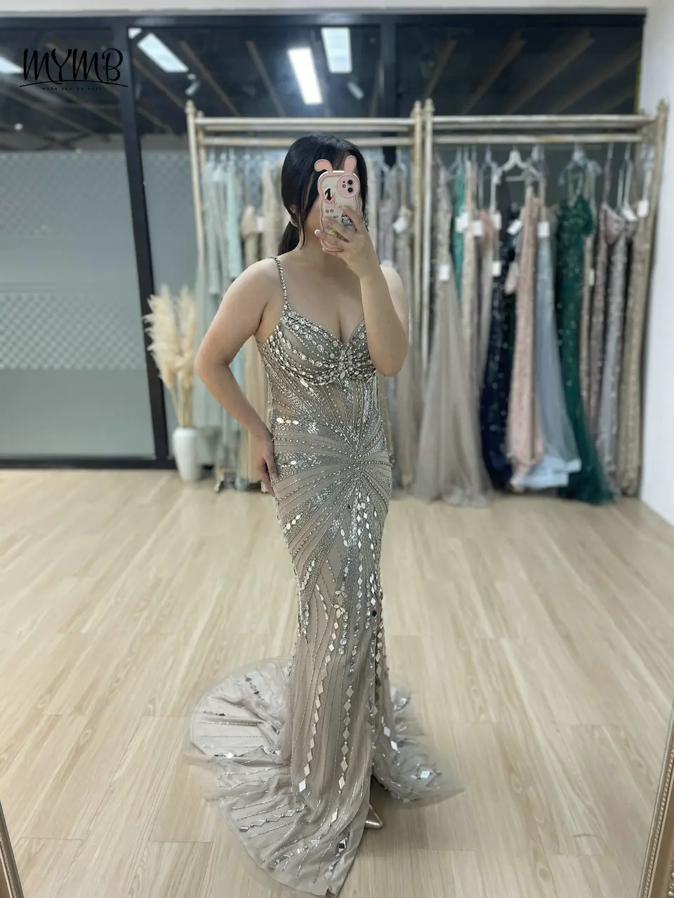 MYMB Nude Stunning Spaghetti Straps Sweetheart Neck Prom Party Dresses for Special Events Luxury Mermaid High Split Evening Gown