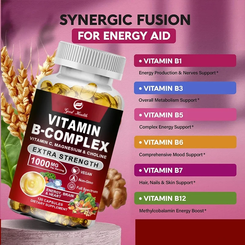مكمل فيتامين ب المركب - B1، B2، B3، B5، B6، B7، B8، B9، B12 مع فيتامين C، الكولين، الإينوسيتول - الطاقة والدماغ والقلب