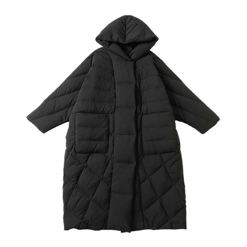 Luxuriöse übergroße lange Pufferjacke für Damen, neue Winter-Schwarz, eleganter Daunenmantel mit Kapuze, Damenbekleidung, neueste Mode 2O283