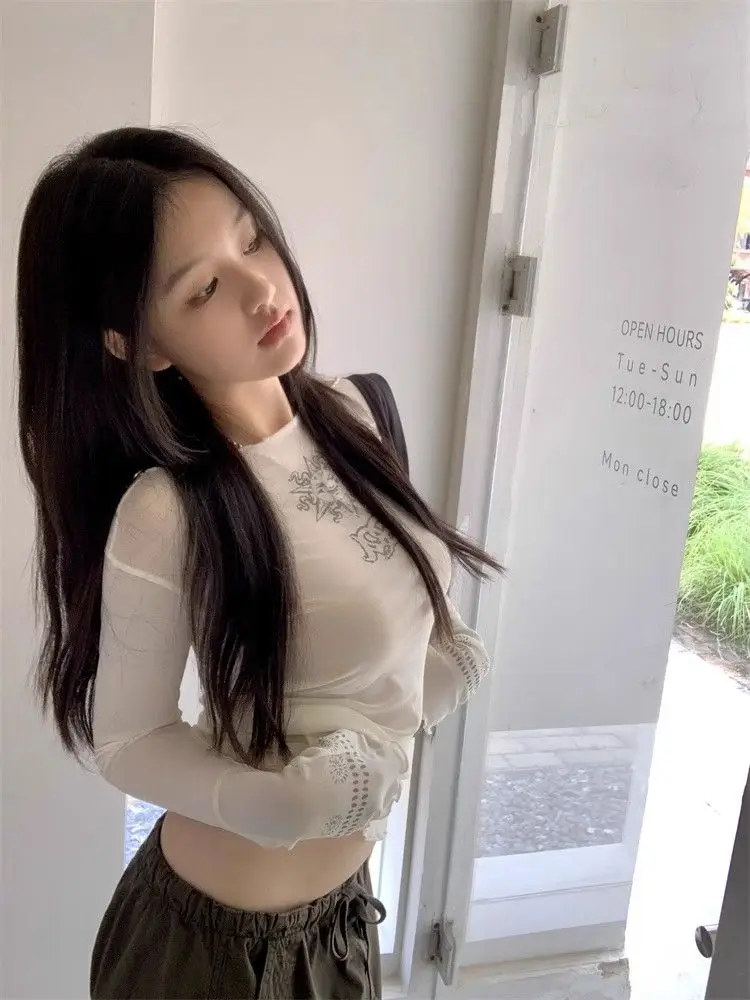 النمط الياباني فتاة حار صالح التخسيس شبكة طويلة الأكمام تي شيرت الإناث تصميم الشعور المتخصصة الأسود الفطر قاعدة أعلى #3