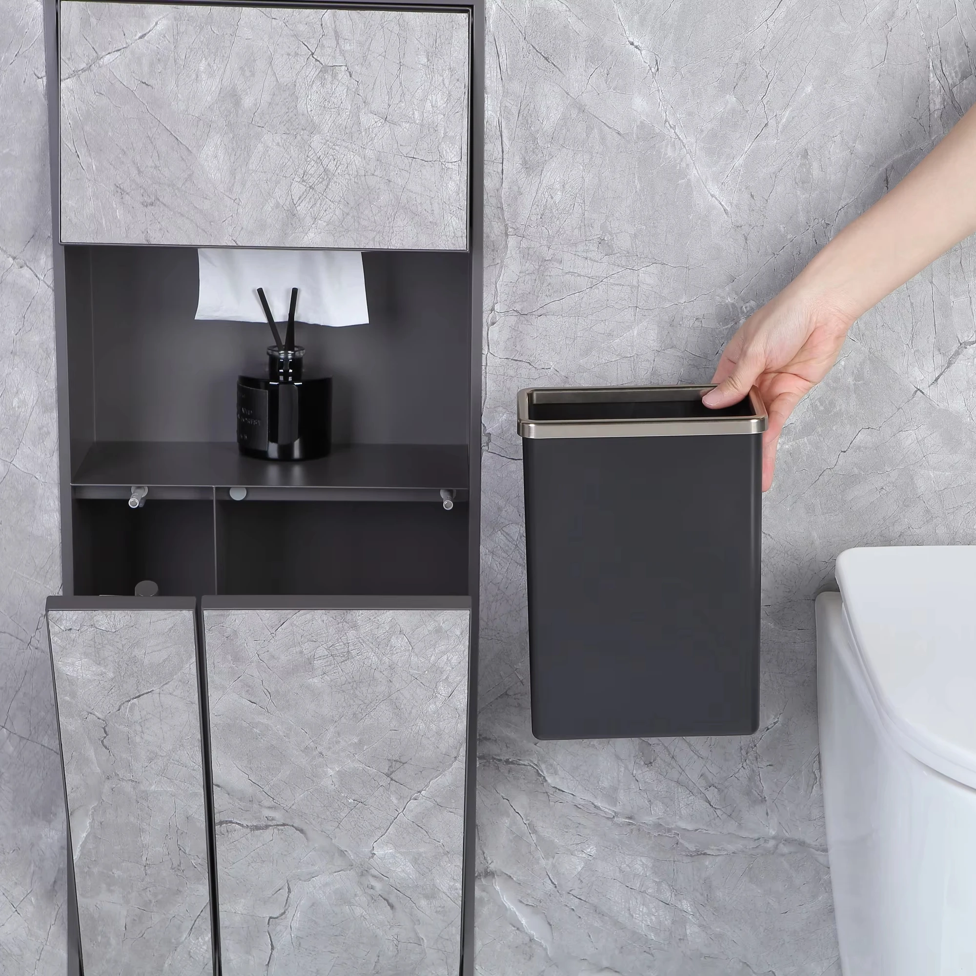 Tileable Hidden Stainless Steel Bathroom Accessory Set Multi-Functional Toilet Brush Trash Can Hidden Niche Tissue Box for Hotel