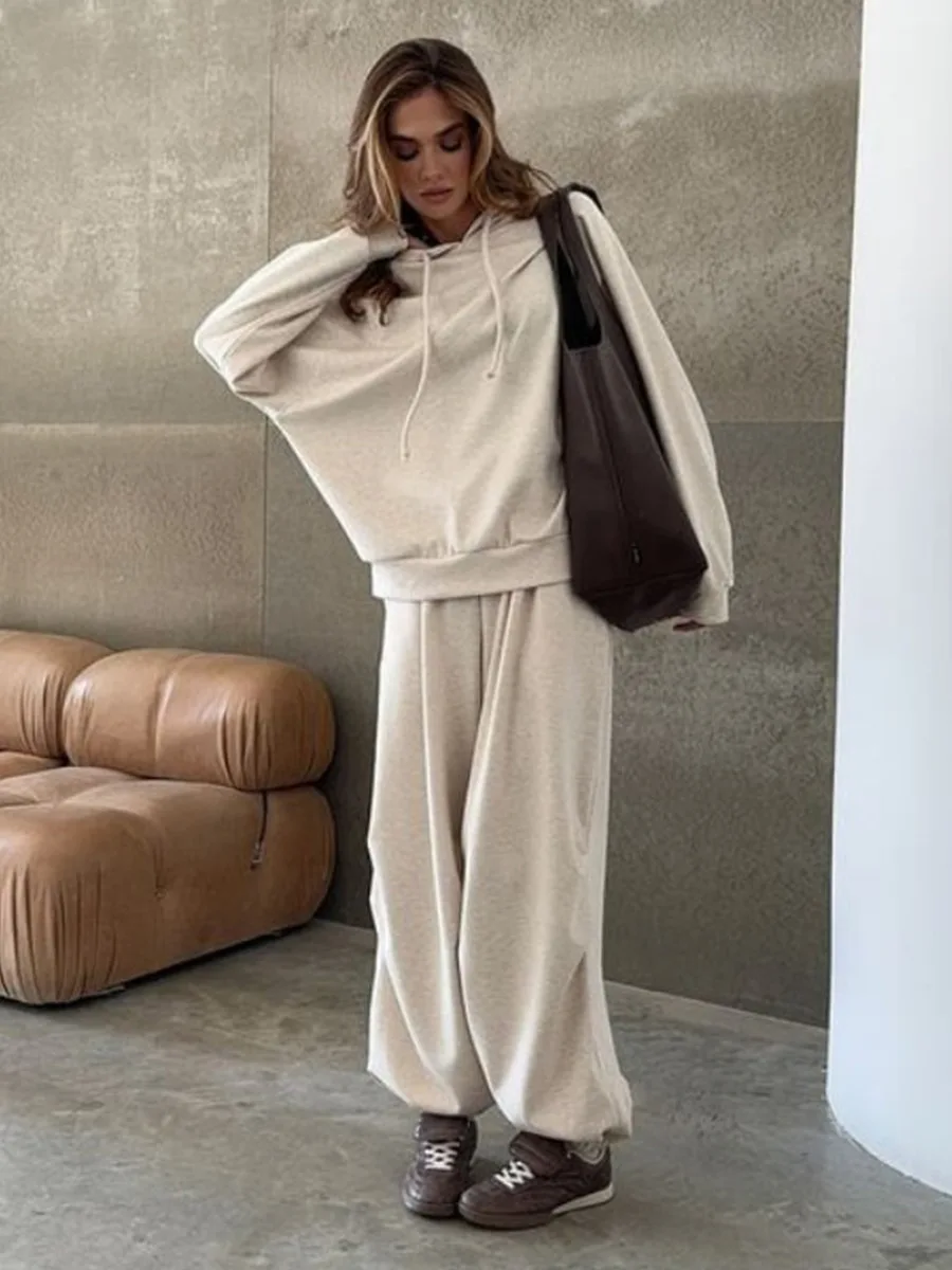 Conjunto de moletom feminino Wolfeel outono inverno macio com capuz solto e ombro caído pulôver relaxado conjunto de calças compridas