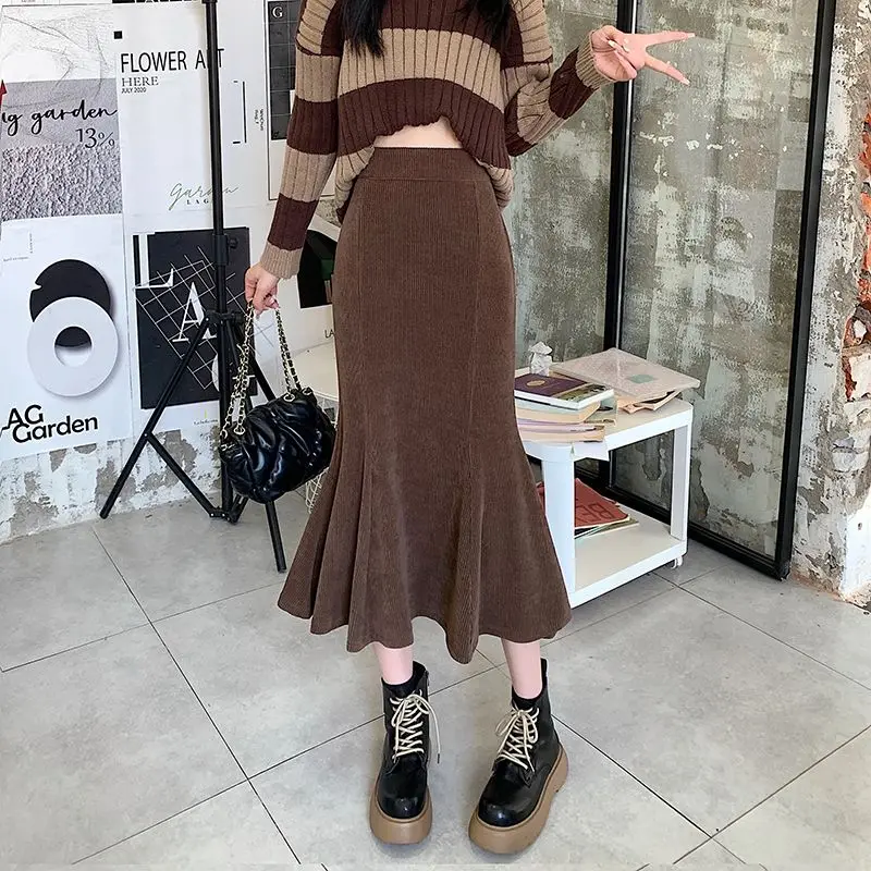 Tender Korean Midi Skirts Women Vintage Pure Color Sweet Feminine Autumn Winter Trumpet Elegant Stylish High Waist Simple Chic