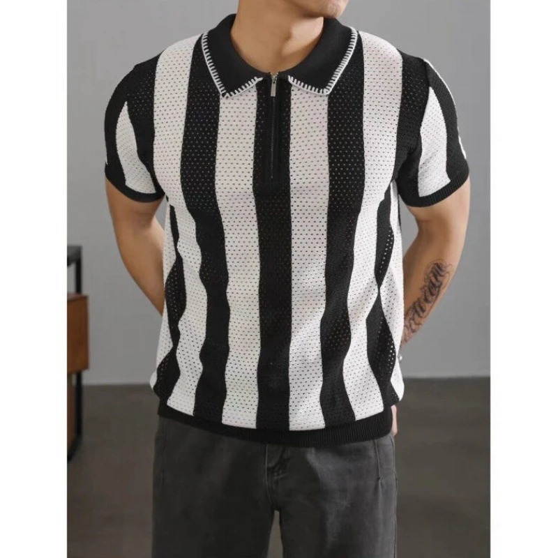 

British Style Striped Knitted Polo Shirt Men Retro Half Zipper Collar T-shirt Hollow Out Casual Business Top Men Clothing 2025