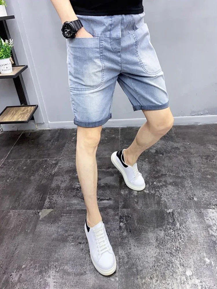 Men's Short Jeans Pants Stretch With Pockets Gray Male Denim Shorts Designer Vintage Trend 2024 Summer Sale Harajuku Thin