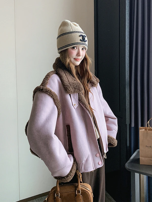 معطف نسائي أنيق من فرو الخروف، معطف راكبي الدراجات النارية، معطف خريفي وشتوي جديد، معطف نسائي كاجوال بقصة مستقيمة