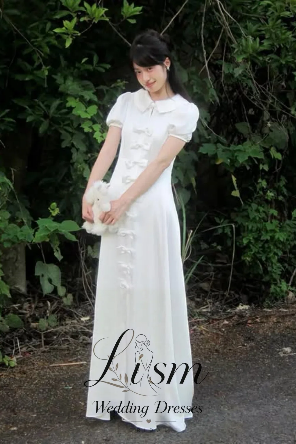 Lism Classic Ivory Maxi Dress Peter Pan Collar Puff Sleeve Bow Knot Front Slit Elegant Wedding Guest Party Long Gown Customized