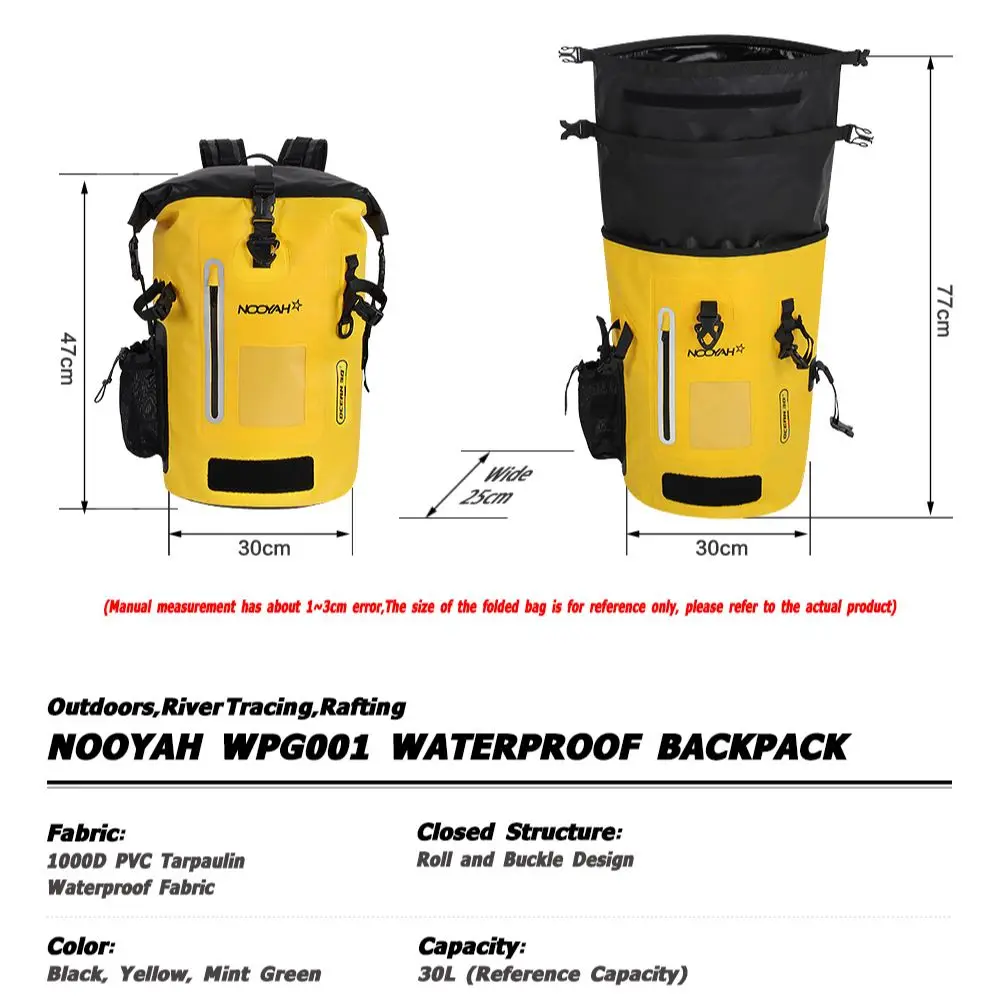 NOOYAH Waterproof Dry Bag IPX8 Roll-Top Closure Waterproof Backpack Fishing Bag Double Layer Rucksack Outdoor Sport Dry Backpack