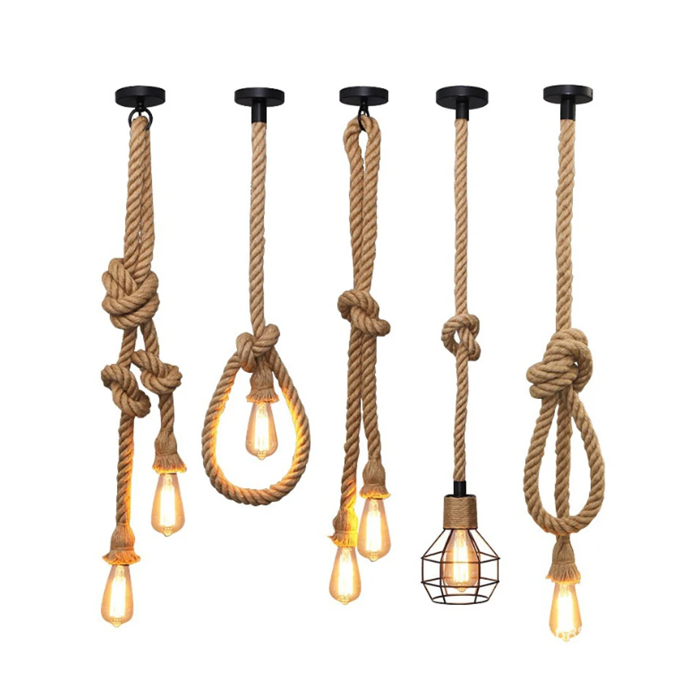 Винтажный подвесной светильник с 2 головками, подвесной светильник из пеньковой веревки, цоколь E27, подвесной светильник для столовой, ресторана, бара, домашнего декора