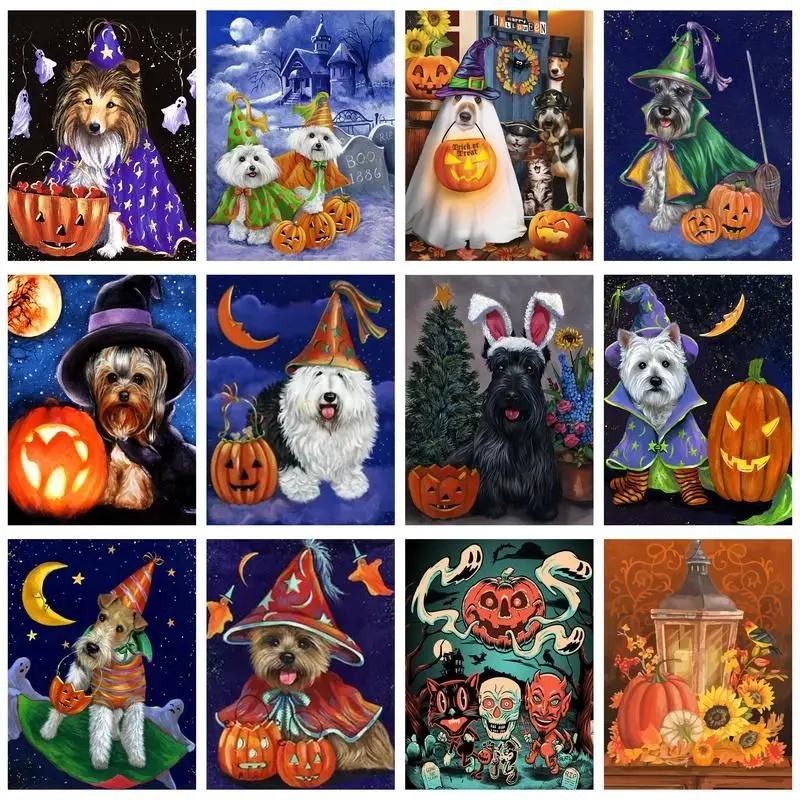 

CHENISTORY Diamond Mosaic Pumpkin Dog Animal Diamond Painting 5D DIY Embroidery Full Layout Wall Decoration Halloween Gift