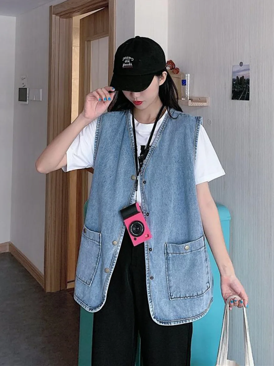 Large Size Denim Vest Women Spring Autumn Loose Fitting Outerwear Sleeveless Cargo Denim Vest Tank Top Jacket Streetwear