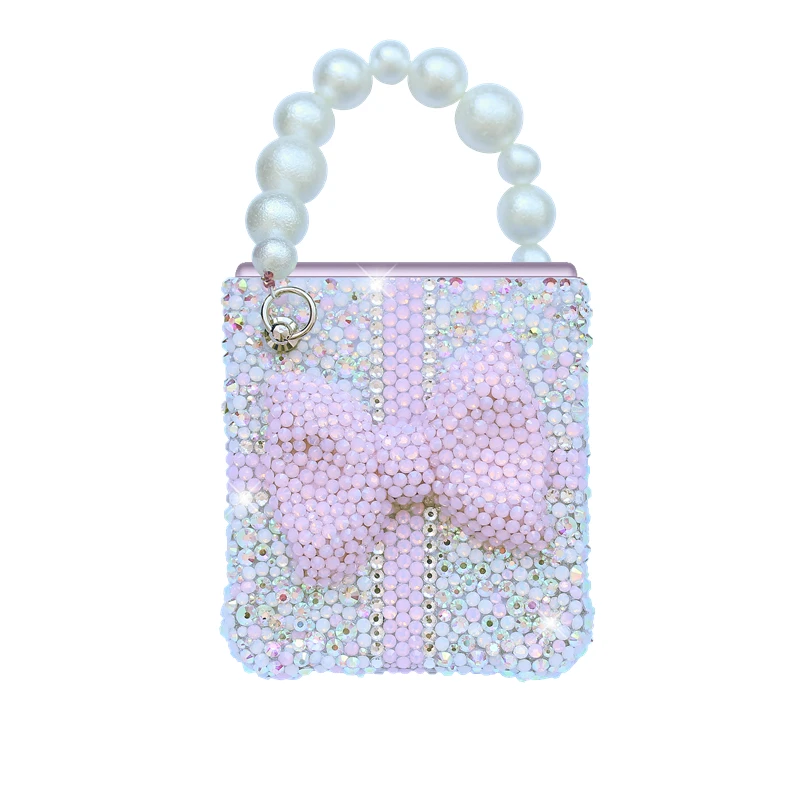 For Samsung Galaxy Z Flip 6 5 4 3 2 5G F7110 F7070 Luxury Rhinestones Crystal Cute Pearl Chain Wrist Jewell Bow Phone Case Cover