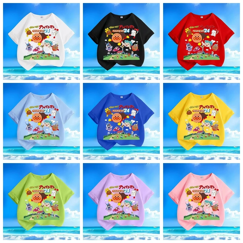 New Summer Children Short Sleeve T Shirts Kids Cartoon Anpanman Print Clothes Baby Boys Tees Girls Cotton Tops 1-12T