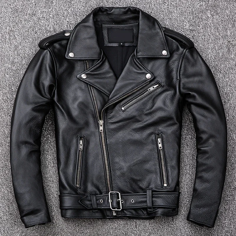 Autumn Perfecto Oblique Zipper Men's Fashion Genuine Leather Motorcycle Jacket 100% Natural Black Biker Rider Cowhide Male Coat