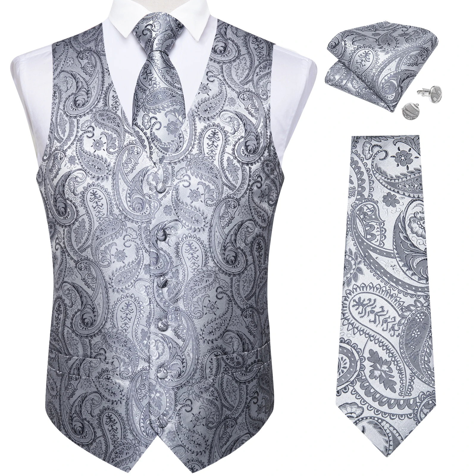 

Men's Silver Gray Paisley Dress Vest Set with Tie Pocket Square Cufflinks - Formal Wedding Waistcoat Suit Wedding Business Party
