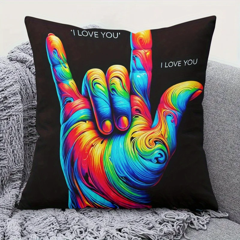 Double Sided I Love You Sign Language Pattern Decorative Throw Pillow Case Festive Hand Art Cushion Cover for Sofa Home Decor