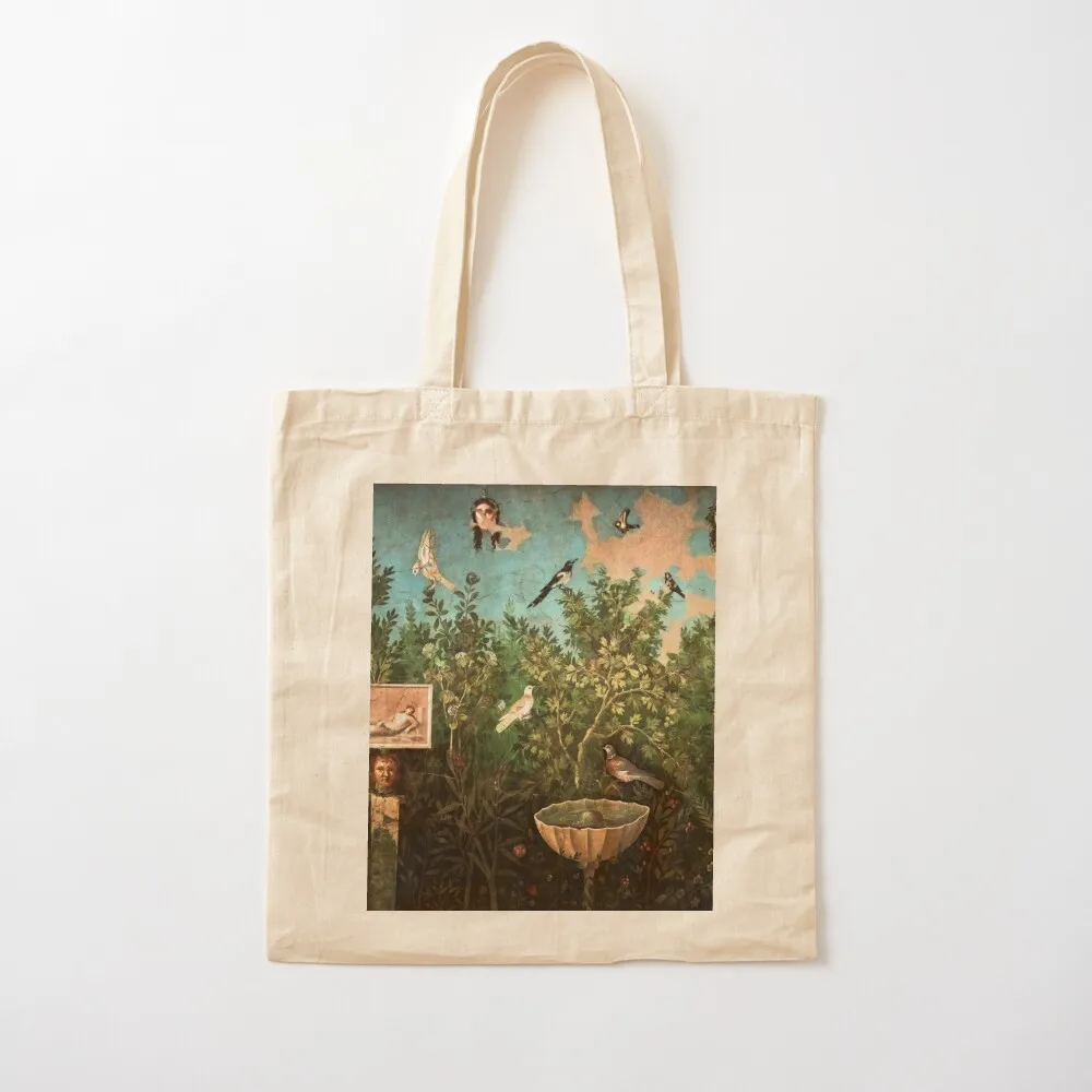 POMPEII COLLECTION / FLYING BIRDS,DOVES,FOUNTAIN IN GARDEN ,BLUE GREEN FLORAL Tote Bag custom bags hand bags Women's handbag