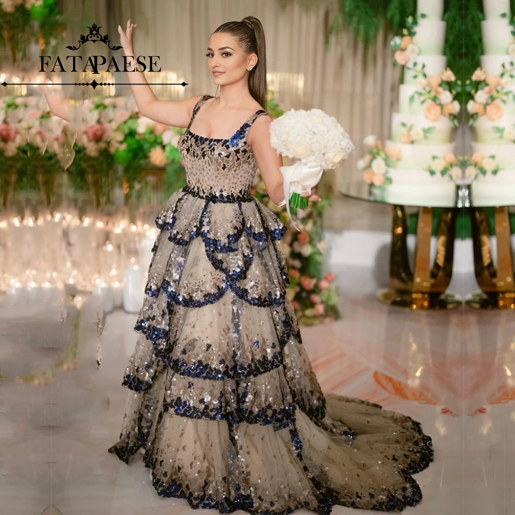 FATAPAESE Magnificent Wedding Gown Boasts a Fully Embellished Bodice , Flaring into a Layered Skirt,Embroidere