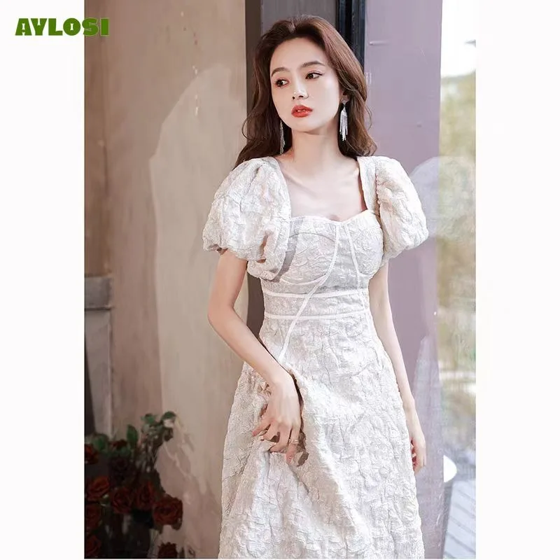 Elegant Ladies Women\'s Prom Dress Embossed Bubble Sleeve Butterfly Binding High Waist Slim Party Dresses For Women Vestidos