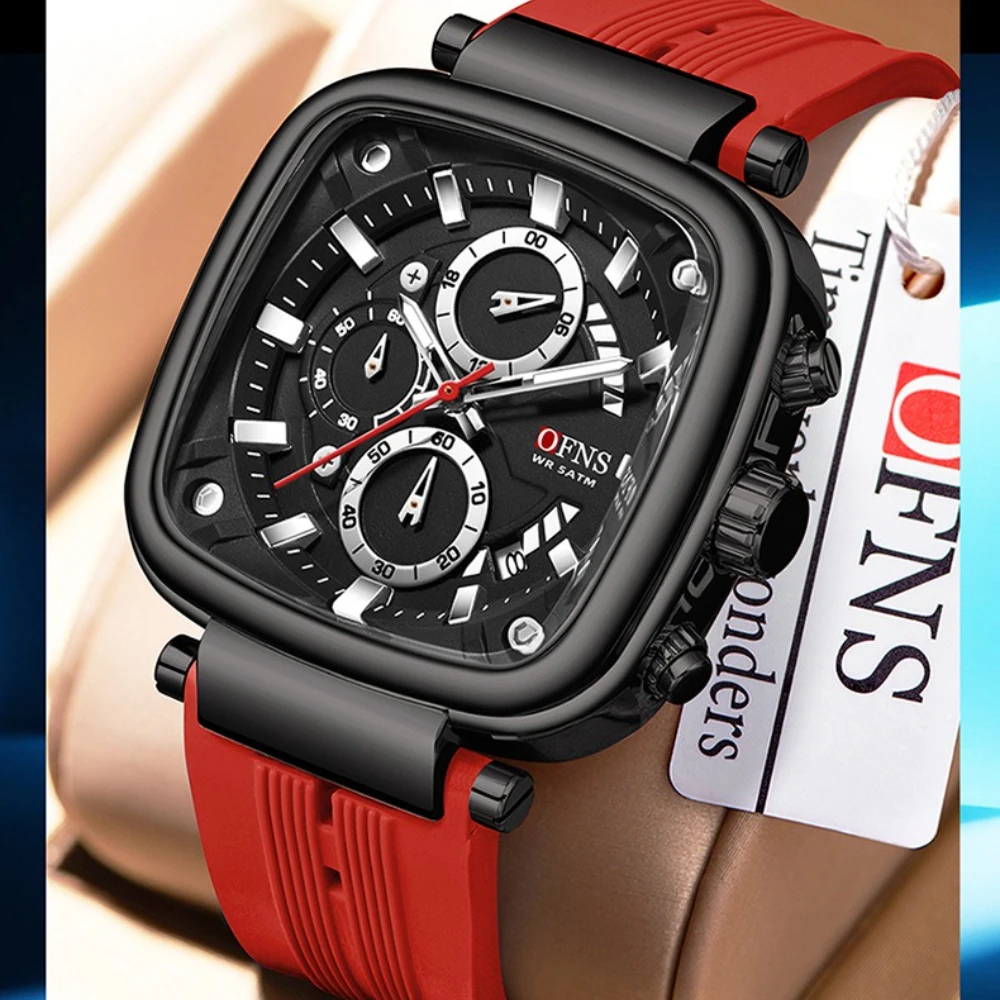 

OFNS 1208, роскошные брендовые квадратные мужские кварцевые часы, силиконовый ремешок, три глаза, шесть игл, хронограф, дата, модные часы для мужчин