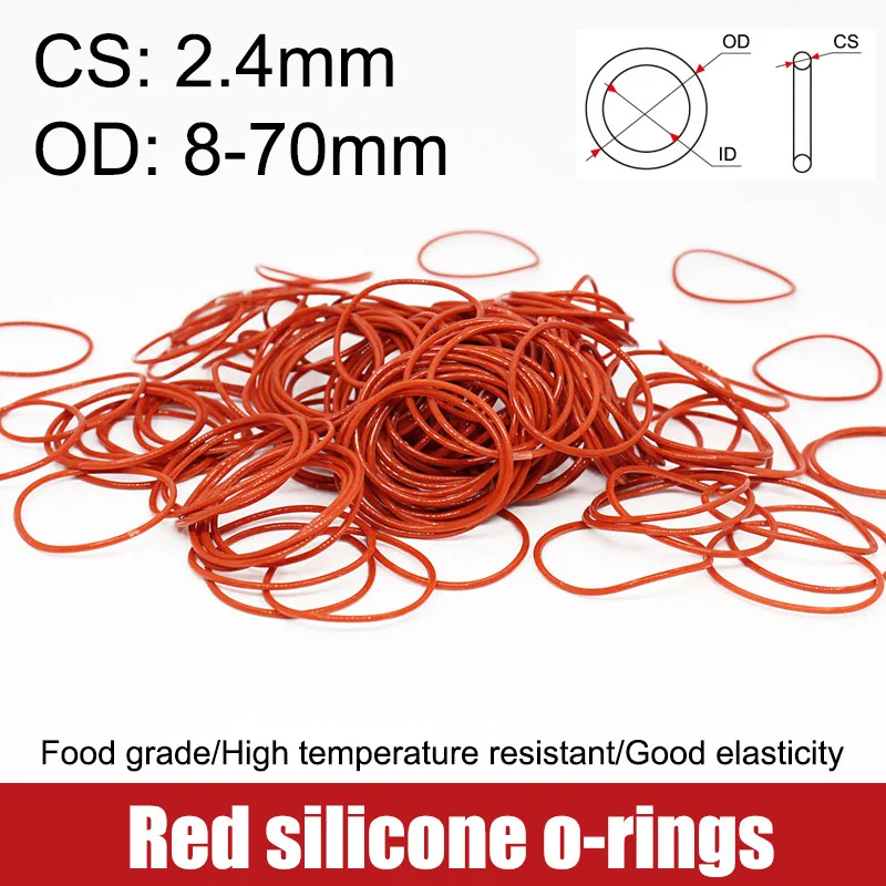 

10pcs OD 8-70mm CS 2.4mm Red VMQ Silicone O Ring Food Grade Waterproof Washer Rubber Insulate Round O Shape Seal Gasket Wire Dia