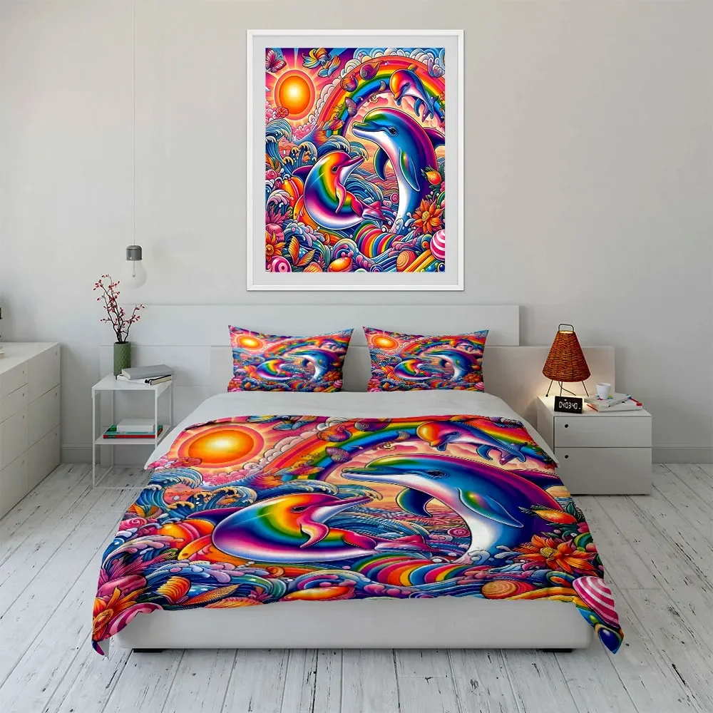 Rainbow Dolphin Art Decor Set Multiple sizes kid's and adults' bedroom Exquisite 3PC bedding set, gift