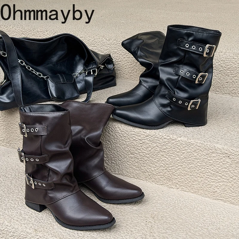 Vintage Women Buckle Leather Mid Calf Boots Pleated Slouch Block Heel Pointed Toe Shoes Street Daily Wear Motorcycle Boots