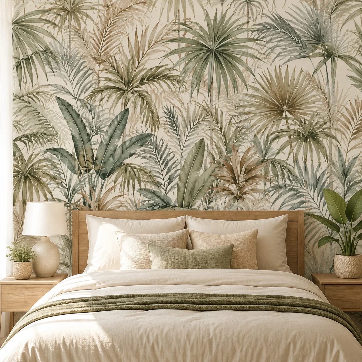 Tropical Palm Trees Wall Mural, Vintage Botanical Wallpaper, Beige Green Non Self Adhesive Living Room Bedroom Jungle Wall Decor