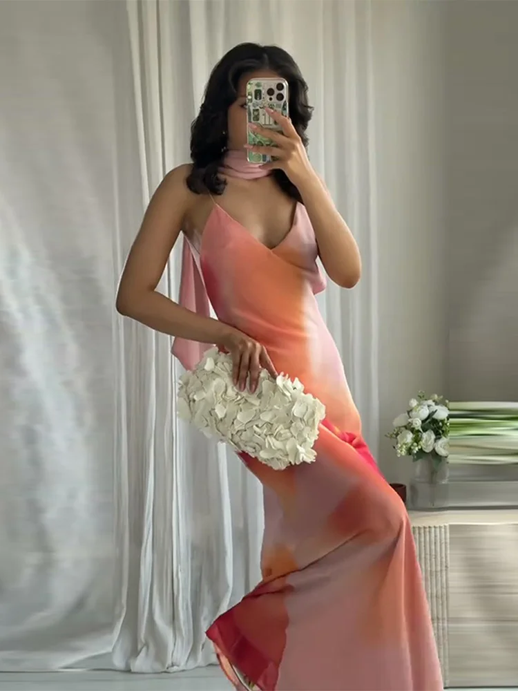 Sexy Tie Dye Printed Dress Women Slim Sling V-neck Shawl Sleeveless Backless Long Dresses 2025