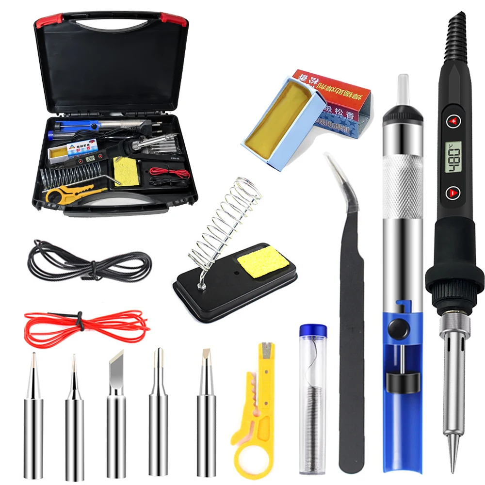 LCD Digital Adjustable Temperature 80W Soldering Iron Electric Welding Tools Solder Wire Tweezers DIY Hand Tool