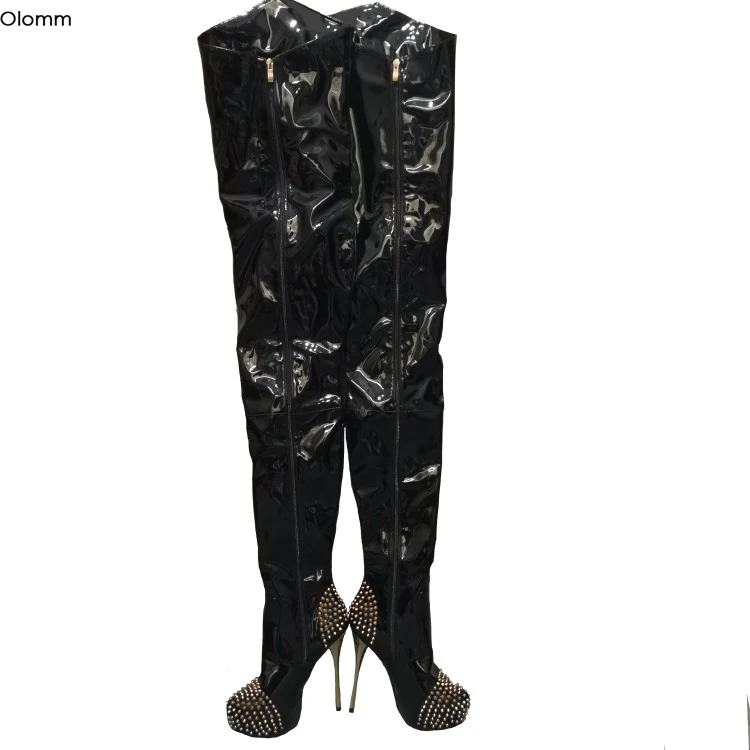 

Olomm/женские пикантные сапоги до бедра на платформе с заклепками, сапоги на высоком каблуке-шпильке, великолепные черные туфли с круглым носком, женские размеры США 5-15